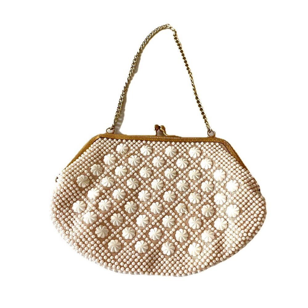 Vintage Beaded Evening Bag Pearls & Ivory Embossed Gold Hardware EVC